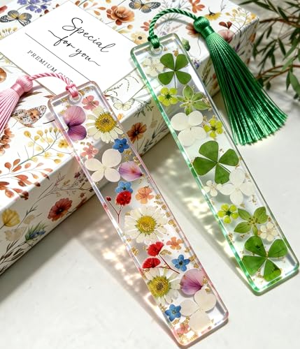 Buleens 2PCS Bookmarks for Women - Pink Green Book Marks for Readers Book Lovers, Personalized Handmade Dried Flower Resin Pressed Flowers Bookmark with Tassels, Pretty and Aesthetic - color: Pink Green