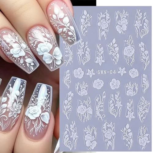 Flower Nail Art Stickers Decals 5D Embossed White Flowers Nail Decals 4PCS Floral Leaf Nails Design Adhesive Flower Stickers for Nails Manicure Accessories for Women Summer Fall Nail Art Decorations - style: style3