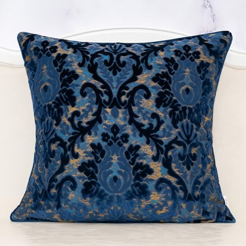 Alerfa Boho Blue Floral Throw Pillow Cover 18x18 Inch Cut Velvet Sqaure Luxury Embroidered Decorative Pillow Cover for Couch Living Room Bedroom - color: Blue, size: 18" x 18" (Pack of 1)