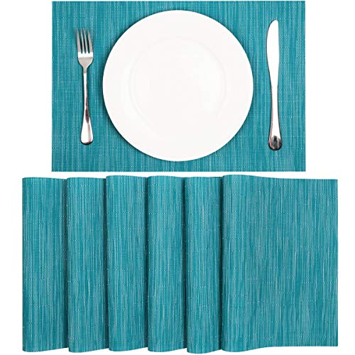 SHACOS Woven Vinyl Placemats Set of 6 Wipe Clean Wasahble Place Mats for Dining Table Heat Resistant Non Slip Table Mats (6, Teal Blue) - color: Teal Blue, size: Set of 6