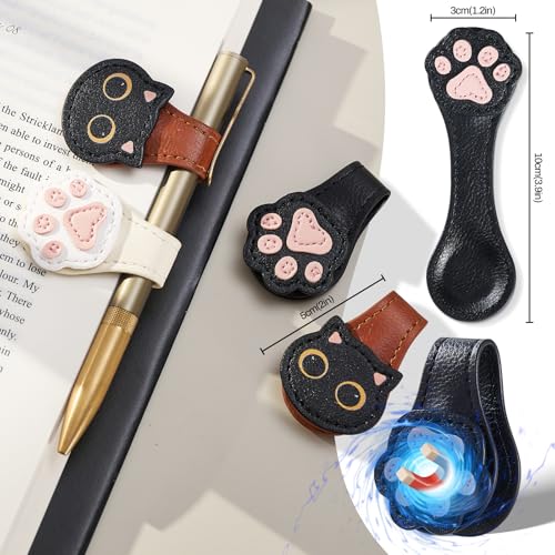 Ovesmusl 2Pcs PU Leather Cat+Paw Magnetic Bookmarks with Pen Holder - style: Cat+Paw (Brown+Black)