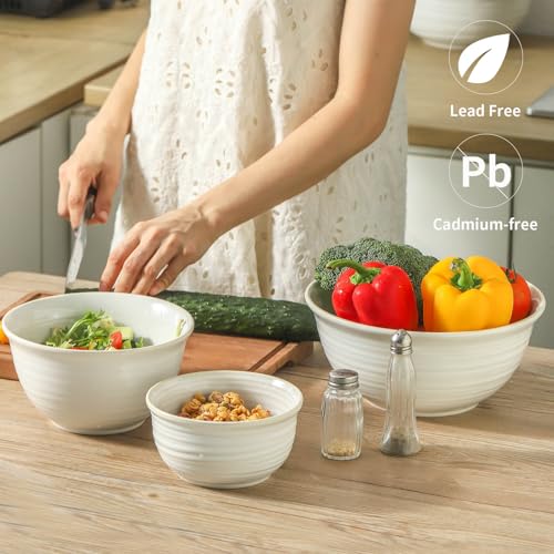 HASENSE Ceramic Mixing Bowls Set, 2.1/1.0/0.5 Qt, Handmade Salad Serving Bowls for Kitchen, Deep Nesting Dishes for Storage and Baking, Microwave Dishwasher Safe, Clay-Infused White - color: Clay-Infused White, size: 20+40+84 Ounce