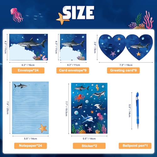WERNNSAI 69 PCS Shark Kids Stationery Paper and Envelopes Set for Boys - color: Shark