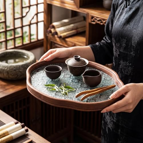 Glass Serving Tray with the Crabapple Pattern and Walnut Rectangular Serving Platter, Vintage Floral Edge Decorative Countertop Organizer for Vanity, Coffee Table, Jewelry Display (Clear) - color: Clear