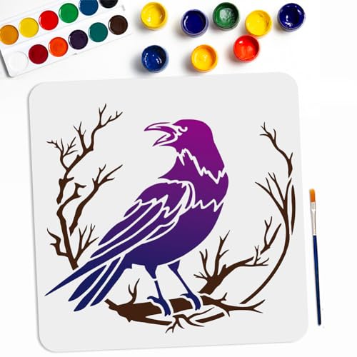 MAYJOYDIY Crow Branch Divination Stencils 11.8×11.8inch Large Raven on Branch Stencils with Paint Brush Primitive Bird Drawing Template for Wood Canvas Furniture Craft Decor - color: Crow Branch Divination