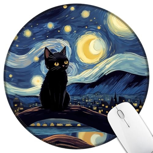 Hancynir Black Cat Round Mouse Pad, Small Mousepad for Laptop Desk Office - color: Black Cat Starry Night