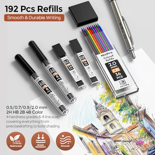 Nicpro Art Mechanical Pencil Set in Storage Case, Metal Drawing Pencil 6PCS - style: 6 Pack (0.5mm+0.7mm+0.9mm+2.0mm)