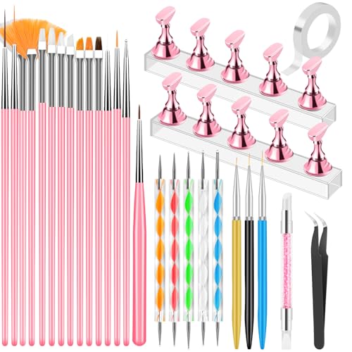 YOOVR 28-In-1 Nail Art Tools with Nail Stand, Nail Stuff, Nail Art Brushes - color: Pink