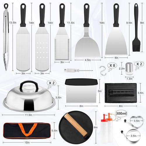 HaSteeL 28Pcs Griddle Accessories Kit, Stainless Steel Flat Top Grill Accessory Tools Set, Metal Spatulas, Scraper Choppers, Melting Domes, Cast Iron Burger Press, for Teppanyaki Tabletop Hibachi BBQ - style: 2 Melting Domes