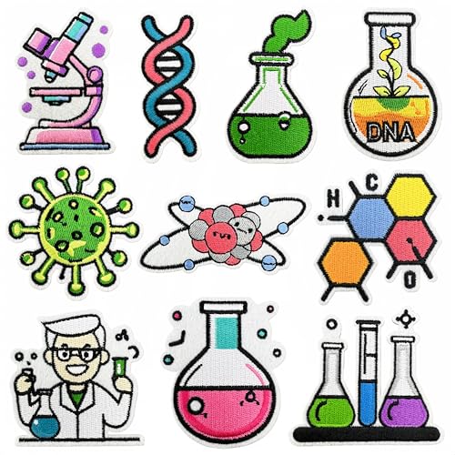 10 Pcs Science Laboratory Iron on/Sew on Patches, Back to School Embroidered Applique Patches, Clothes Backpacks Hats Pants Jackets Jeans Decoration, Student Classroom Prizes - color: 10 science