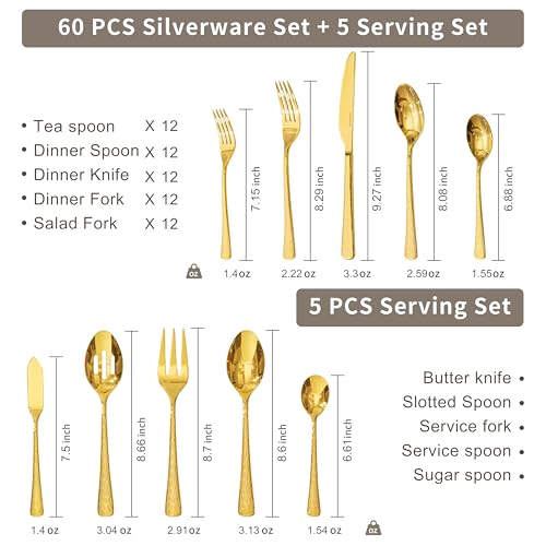 65 Piece Gold Silverware Set with Serving Utensils, 18/10 Stainless Steel - color: Gold, size: 65-Piece