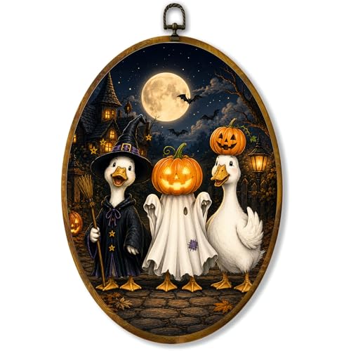 Halloween Duck Oval Wall Art, Framed Canvas Decor, 8.5x11.5 Inch - color: Halloween Witch Duck Pumpkin