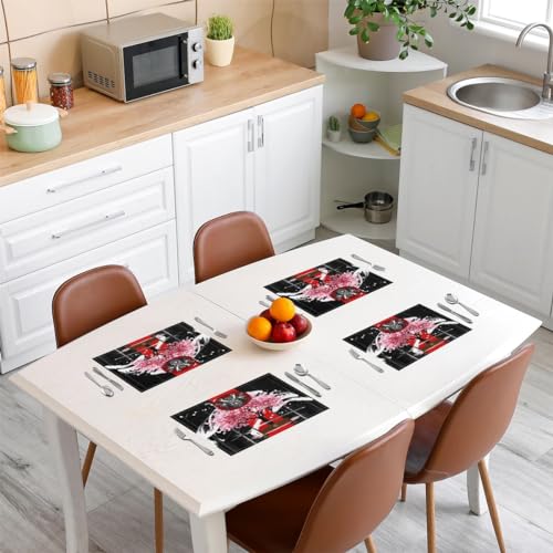 Feelyou Cherry Blossoms Placemats Set Set of 4 18"x12" - color: Pink Black Red