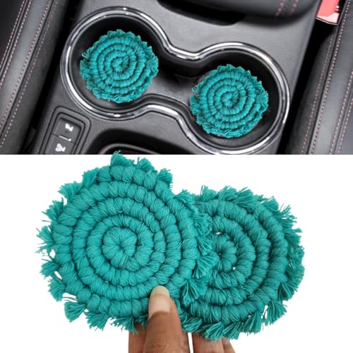 Cotton Car Coasters for Cup Holders, 2PC Car Cup Coasters, Drink Coaster Holder, Cute cupholder Coaster Accessories for Women, Macrame, Boho (Ocean Teal) - color: Ocean Teal