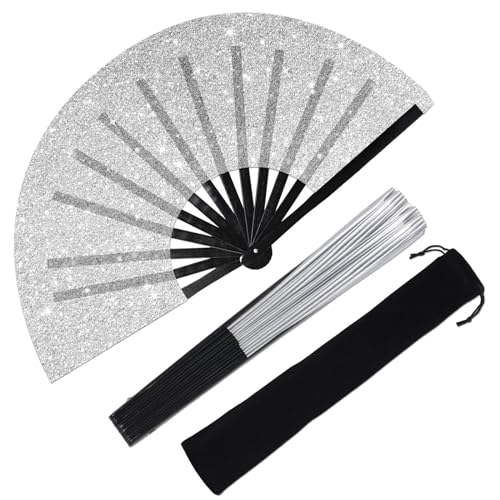 Large Folding Hand Fan Glitter Large Rave Hand Fan, Folding Shiny Hand Fan Clack Handheld Fan Women Handheld Fan with Bag for Festival, Disco Party, Club, Dance, EDM, Home Decoration(Silver) - color: Silver