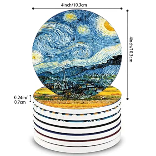 4inch Round Art Painting Style Marble Coaster with Storage Rack 8pcs - color: Van Gogh