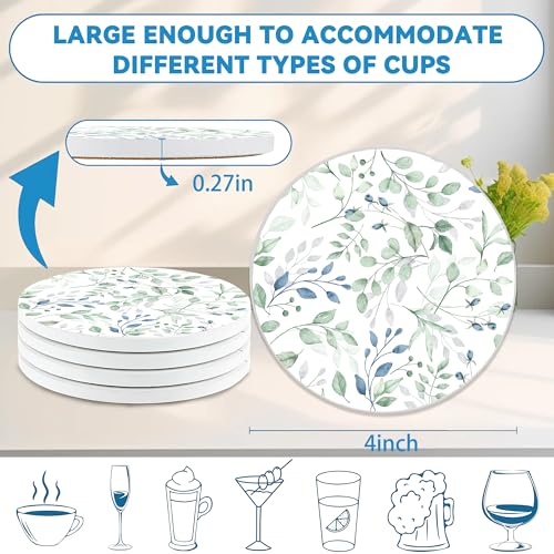 Drinks Coasters Set of 4, Green Plants Sage Round 4" Cup Coasters, Absorbent Ceramic Stone Coasters with Cork Base, Cute Coasters for Table Home Décor, Ideal Gifts for Women Men - color: Green Plants Sage