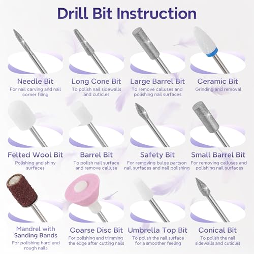 Professional Electric Nail Drill Kit for Acrylic Gel Nails, Purple