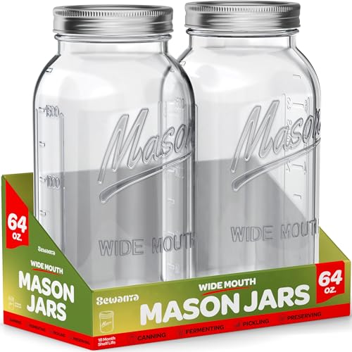 SEWANTA Wide Mouth Mason Jars 64 oz [2 Pack] With Mason Jar Lids and Bands, Mason Jars 64 oz - For Canning, Fermenting, Pickling - Jar Decor - Microwave/Freeze/Dishwasher Safe.