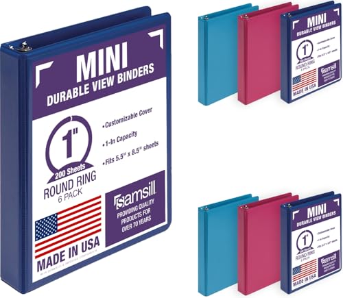 Samsill Economy 1 Inch Mini 3 Ring Binder, Round Ring Binder, Holds 5.5 x 8.5 Inch Documents, Customizable Cover, 1" View, 6-Pack, Assorted Fashion - color: Assorted, size: 1" View, style: 6-Pack