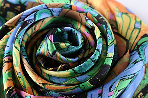 JWSilk Long Charmeuse Silk Scarf Classic Art Print - color: Turquoise