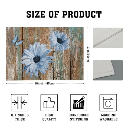 Giwawa Rustic Daisy Placemats Set of 4- Blue Sunflowers on Vintage Wood Board Linen Place Mat- Farmhouse Wooden Washable Heat Resistant Table Mats for Kitchen Dining Cabin Lodge Decor - color: Daisy Blue