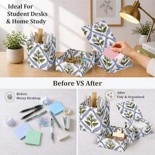 Ridhi Light Steel Blue Block Print Office Desk Organizer Pen & Note Holder - color: Light Steel Blue