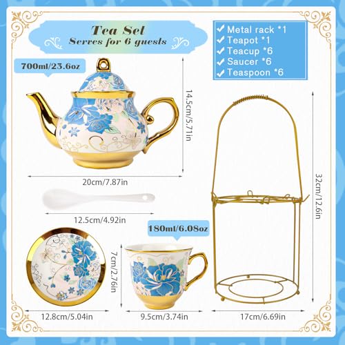 20Pcs Porcelain Tea Set with Metal Stand,European Vintage Tea Set for Adult - color: Pink Blue