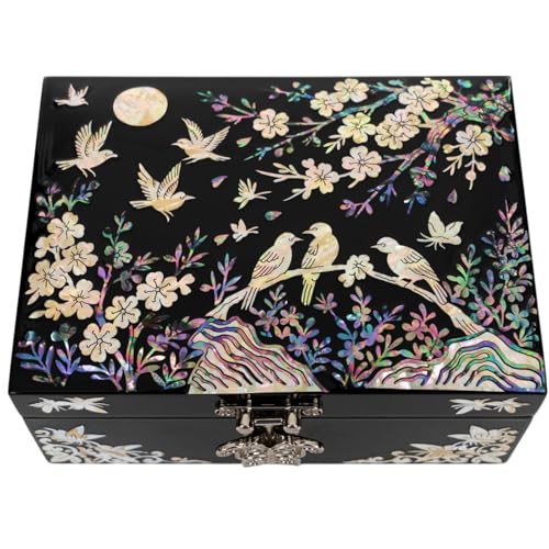 February Mountain Elegant Mother of Pearl Jewelry Organizer Box with Mirror Lid - Gifts for women birthday unique Anniversary Christams and Special Occasions (Birds & Blossoms) - style: Birds & Blossoms