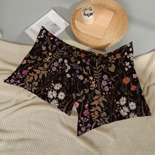 Spring Floral Pillow Covers 18x18 Pack of 2 Black Botanical Wildflower Herbs Throw Pillow Covers Outdoor,Summer Flower Plant Decorative Pillowcase Farmhouse Linen Cushion Case for Sofa Couch - color: Black Floral 1, size: 18" x 18" (Pack of 2)