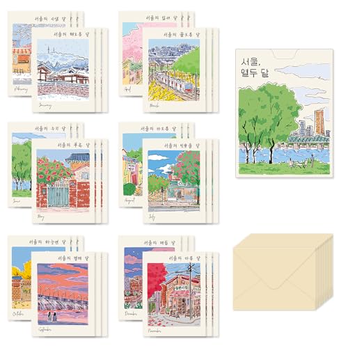 Monolike Day by Day Card, 101 Seoul Twelve Months - Mix 48 Mini Single cards, 24 envelopes Package - color: 101 Seoul Twelve Months
