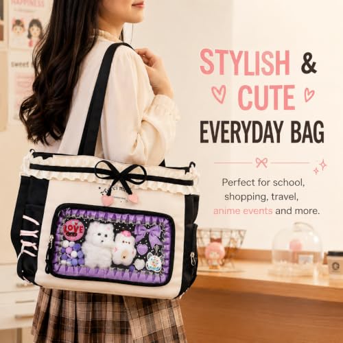 Kawaii Ita Bag with Ruffle Trim, Cute Color Block Crossbody Bag, Pin Display Shoulder Bag with Insert Y2k Style - color: Black / Beige
