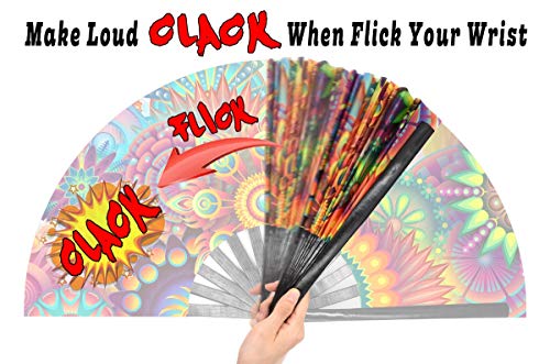 OMyTea Large Bamboo Rave Festival Folding Hand Fan for Men/Women - Chinese Japanese Handheld Fan with Fabric Case - for Electronic Dance Music Party, Performance, Decorations, Gift (Fantasy Flowers) - color: Fantasy Flowers