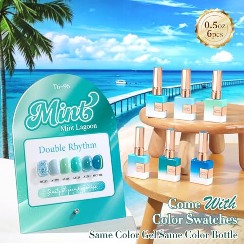 Double Rhythm 6 Pcs 15 ML Gel Polish Set Same Color Same Bottle Soak Off Cat Eye Glitter Gel Polish Kit Nail Art Manicure Salon DIY at Home for Women (Teal Mint Green-T6-96) - color: Mint Lagoon