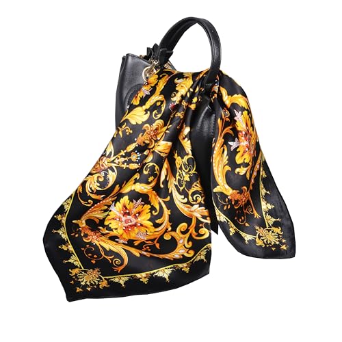 Women 100% Mulberry Silk Neck Scarf 21" Square Floral Neckerchief - color: Black Gold
