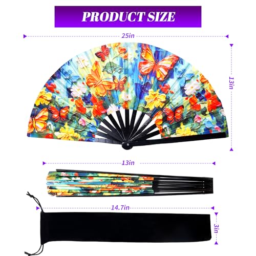 13 Inch Large Rave Fan & Clack Fans for Line Dancing - Folding Hand Fan with UV Glow for Boots on The Ground, Performance, Wedding, Party - Portable Handheld Fans for Women & Men - color: Oil painting of butterflies*1