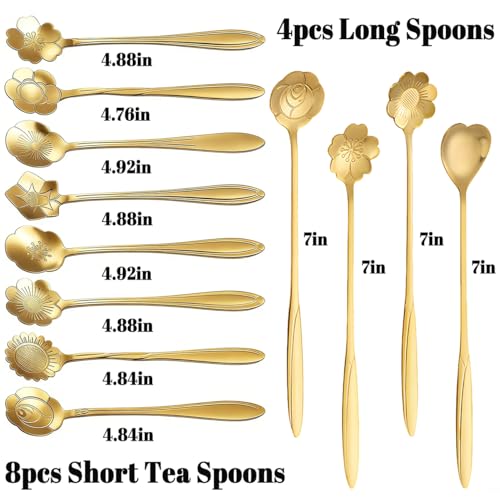 12 Pcs Flower Coffee Tea Spoons Set with Storage Bag, 4 Long & 8 Short Stainless Steel Teaspoons for Sugar Dessert Ice Cream Stirring, Cute Fancy Tableware for Tea Party Kitchen Cafe Bar(Gold) - style: Gold