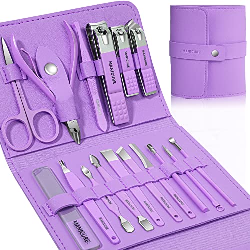 Manicure Set Professional Nail Clippers Pedicure Kit,16 pcs Stainless Steel - color: Violet