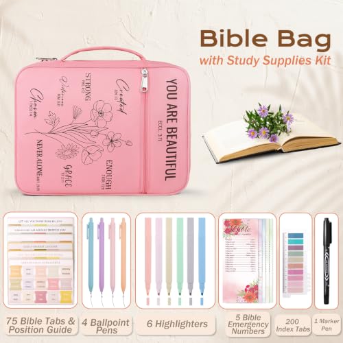 XKDOUS Bible Cover for Women Bible Bag Kit Church Book Holder Carrying Case - color: Black Flower