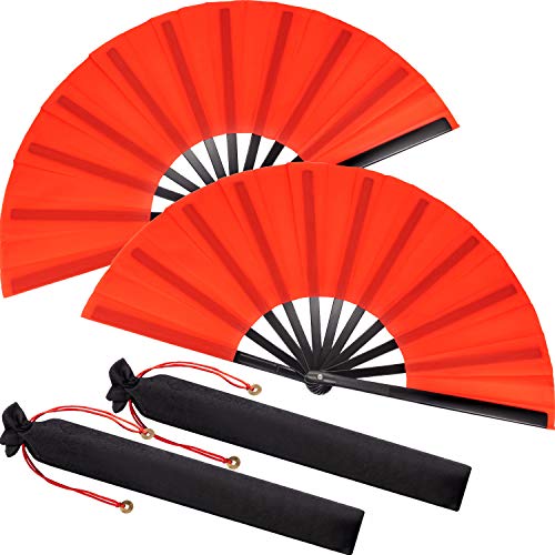 Maitys 2 Pack Large Folding Hand Fans 13'' Chinese Red Handheld Fan Clap Fans for Line Dancing, Rave, Tai Chi, Festival, Kung Fu, Martial Art, Performances, Gift, Includes 2 Pouch - color: Red