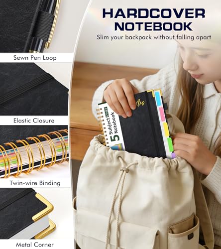 5 Subject Spiral Notebook Journal with Removable Dividers Tabs, 300 Pages Organizer Notebooks for Work School, A5 Hardcover Leather Notebook College Ruled, Lined Journal for Women Men，Black - color: Black, size: A5