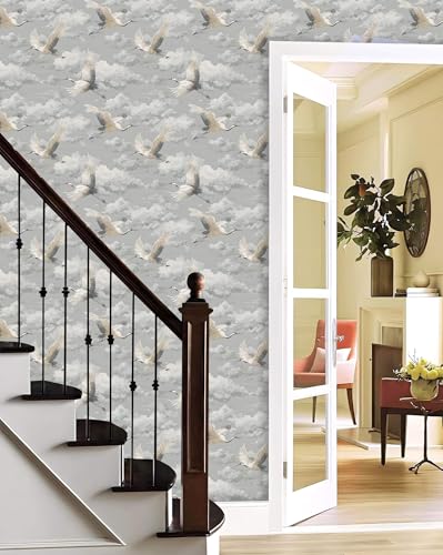 Vintage Crane Cloud Peel and Stick Wallpaper, Chinoiserie Gray Wallpaper - size: 17.7" x 236"