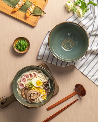 8 Inch 40oz Large Japanese Ramen Bowl Set of 2,Material Safety Ceramic Ramen Bowls with Matching Chopsticks and Spoons, Pho Bowls Ramen Noodle Bowl for Asian Udon Soup Salad Cereal(Retro Cyan) - color: Retro Cyan