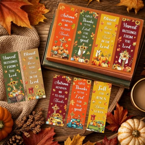 Fall Christian Bookmarks for Book Lovers - Cosmisun 100 Pcs Autumn Religious Bookmark Paper Pumpkin Cross Bible Verse Page Book Markers Gifts for Women Men Office Church Reading Party Rewards Supplies - color: Fall