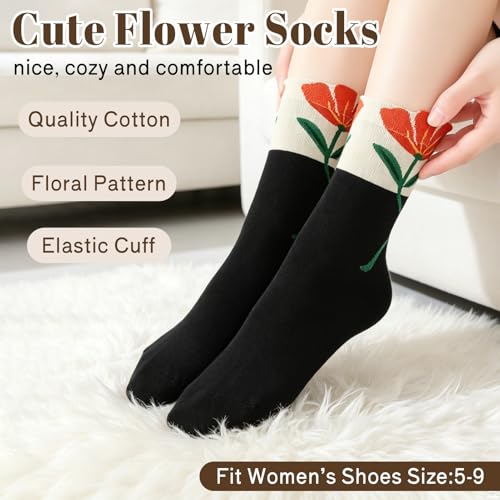 5/6 Pair Crew Socks for Women Floral Socks - color: Black, Blue, Green, White, Pink