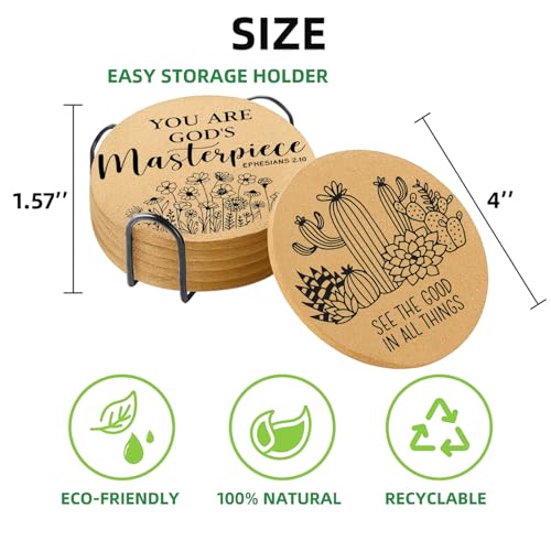 Coasters for Drinks with Holder Set of 6, Inspirational Cork Coaster Absorbent for Office Desk Inspired Table Coasters Kitchen Decor House Warming Gifts for New Home Couples, Round 4" - color: Plant