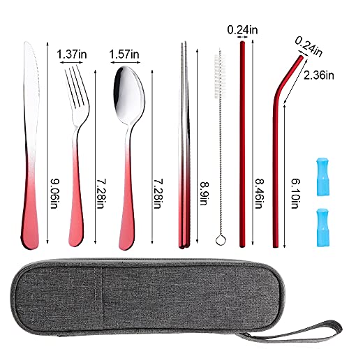 Travel Utensils Set with Case Reusable Portable Cutlery Set Stainless Steel 8pcs Including Dinner Knife Fork Spoon Chopsticks straws (Gradient Red) - color: Gradient Red