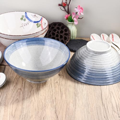 Ceramic Ramen Bowl Set of 2, 8.3" Blue Striped Japanese Noodle Bowls - color: BS