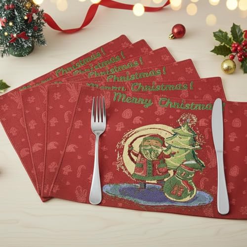 DaDalogy Red Merry Christmas Santa Claus Placemats Set of 4 Festive Winter Holiday Tapestry - Cotton Linen Wove Dining Room Table Mats - 13” x 19” (17615) - color: Red Santa Claus