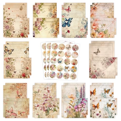 Stationery Paper Envelopes Set 160 Pcs - 50 Lined Writing Paper, 50 Envelopes, 60 Dot Stickers, Vintage/Floral/Leaf/Watercolor Multi-Style Options (STATIONERY-160PCS-VINTAGE) - style: Vintage Botanical